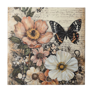 Vintage Butterfly Peony Botanical Ceramic Tile