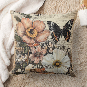 Vintage Butterfly Peony Botanical Cushion