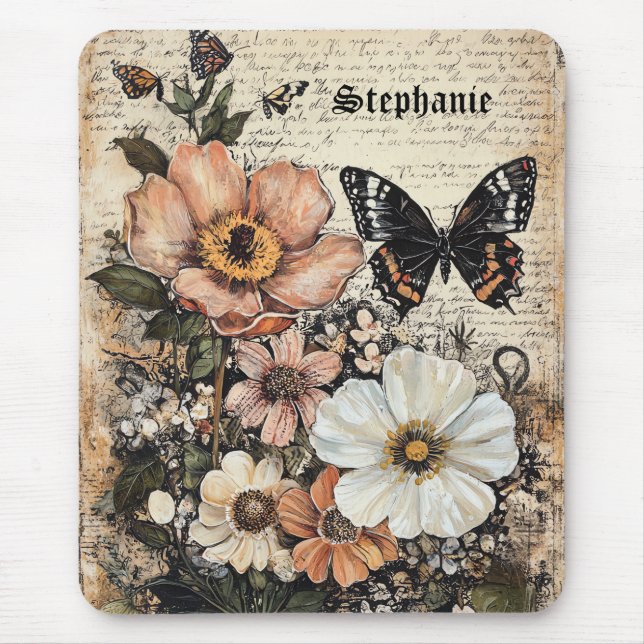 Vintage Butterfly Peony Botanical Mouse Pad (Front)