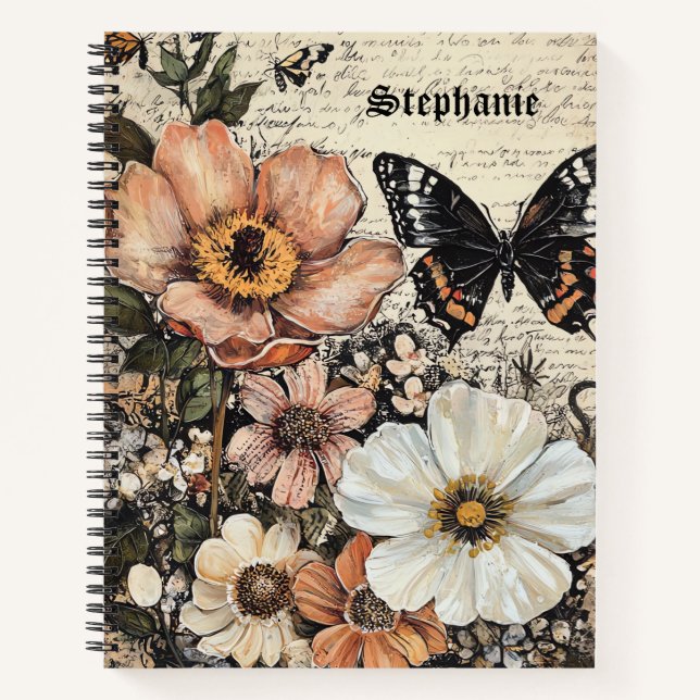 Vintage Butterfly Peony Botanical Notebook (Front)