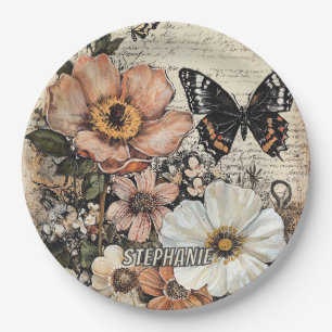 Vintage Butterfly Peony Botanical Paper Plate
