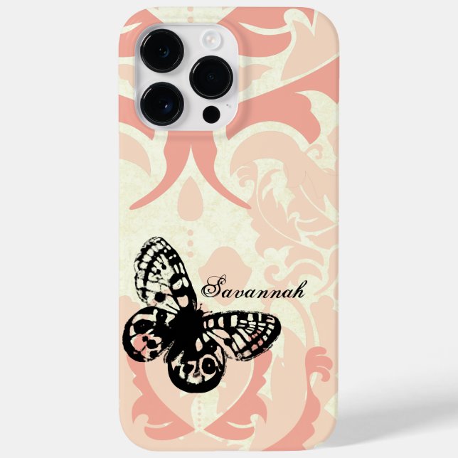 Vintage Butterfly Simply Peachy Damask iPhone Case (Back)