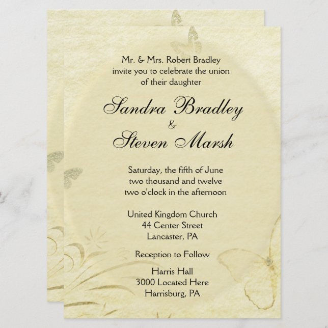 Vintage Butterfly Wedding Invitation (Front/Back)