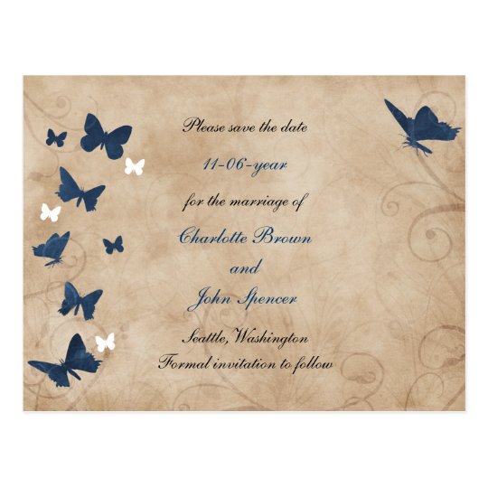 vintage butterfly wedding save the date postcard
