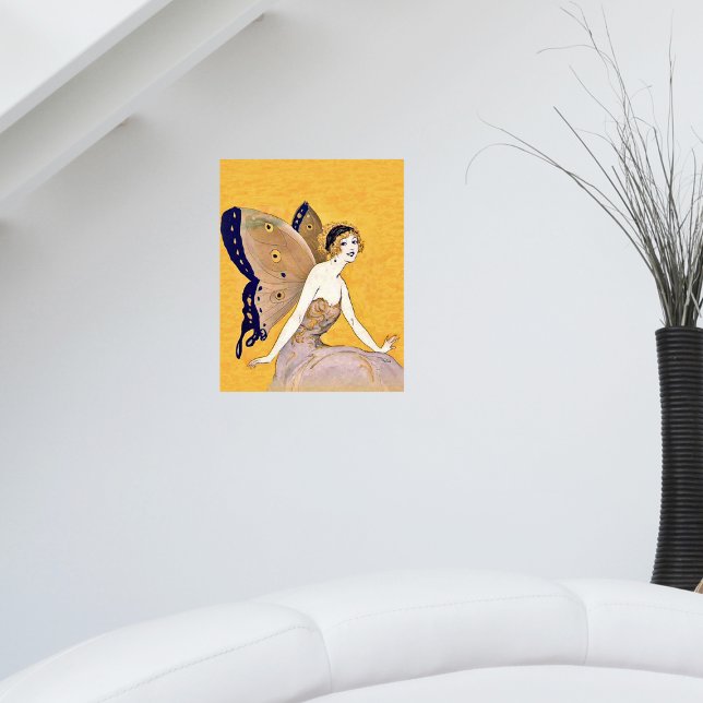 Vintage Butterfly Wings Fairy Fae Blonde Hair Poster (Pretty blond fairy with monarch butterfly wings on bright gold wall art poster.)