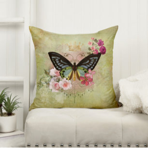 Vintage Butterfly with Pink Flowers Cushion