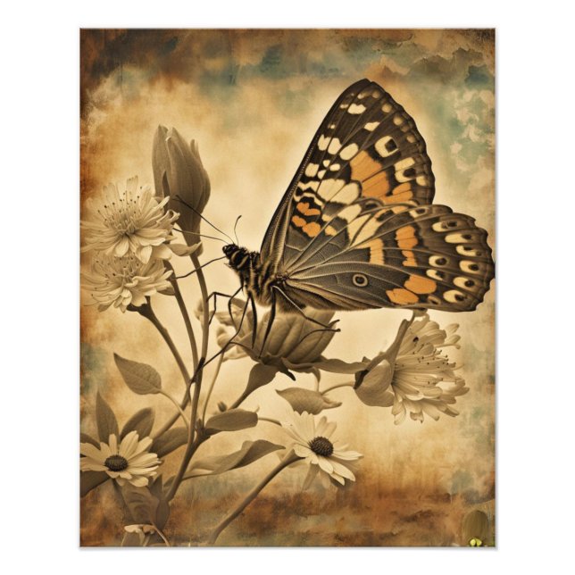 Vintage Butterfly with White Flowers Photo Print (Front)