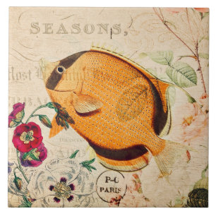 Vintage Butterflyfish French Floral Illustration Ceramic Tile