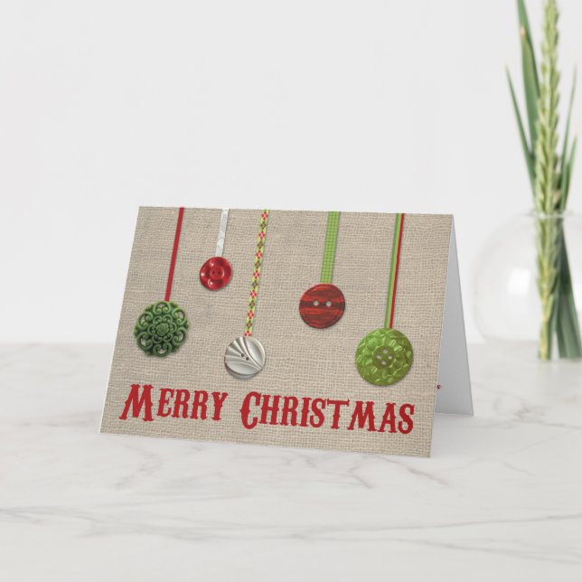 Vintage Button Ornament & Burlap Christmas Card (Front)