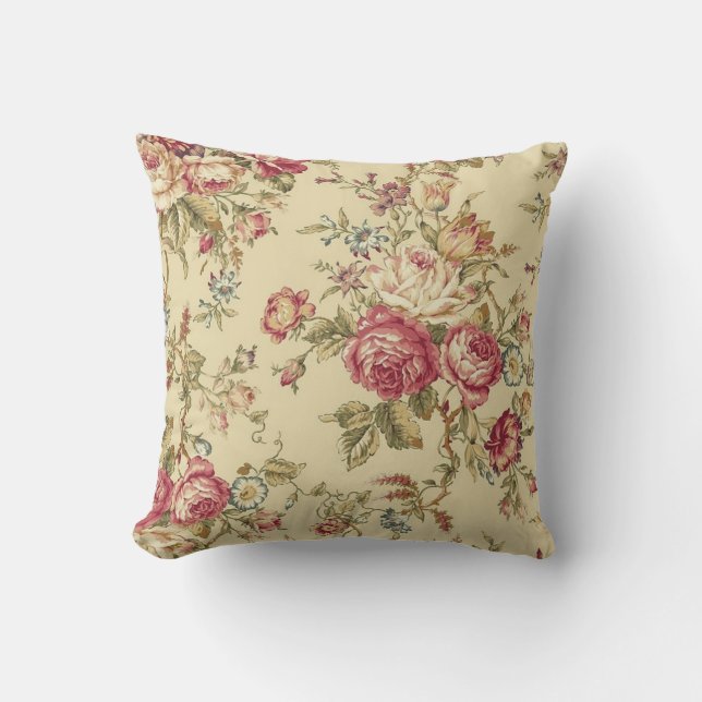 Vintage Cabbage Rose Design Cushion (Front)