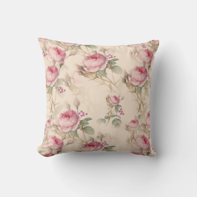 Vintage Cabbage Rose Design Throw Pillow (Front)