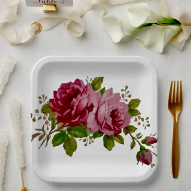 Vintage Cabbage Rose Elegance  Paper Plate ( Paper Plates Durable paper stock FDA compliant food safety. )