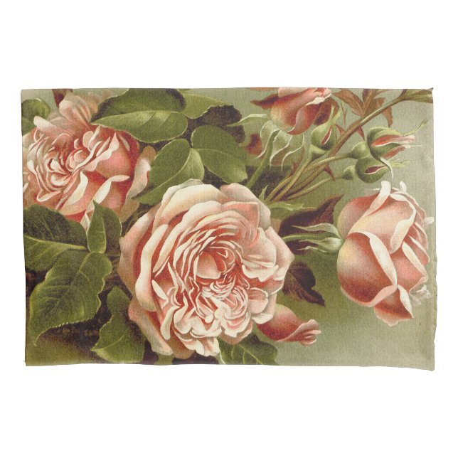 Vintage Cabbage Rose Flowers Floral Pillowcase (Front)