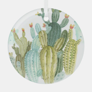 Vintage Cacti Blooming Watercolor Pattern Glass Tree Decoration