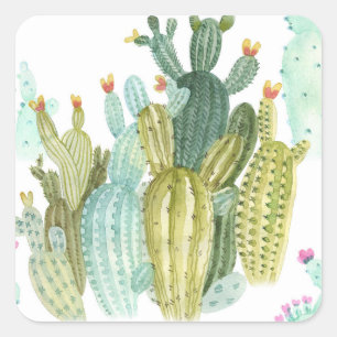 Vintage Cacti Blooming Watercolor Pattern Square Sticker