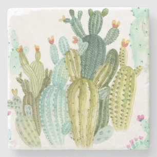 Vintage Cacti Blooming Watercolor Pattern Stone Coaster