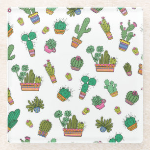 Vintage Cacti: Seamless Pattern Design. Glass Coaster