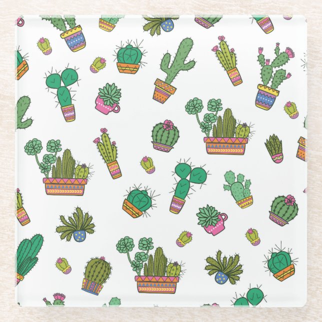 Vintage Cacti: Seamless Pattern Design. Glass Coaster (Front)