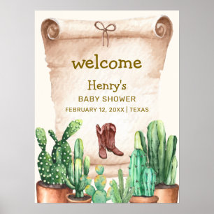 Vintage Cactus Cowboy Boots Baby Shower Welcome Poster