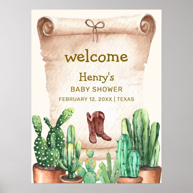 Vintage Cactus Cowboy Boots Baby Shower Welcome Poster (Front)