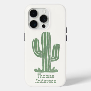 Vintage Cactus, Your Name, Western Font in Green iPhone 15 Pro Case