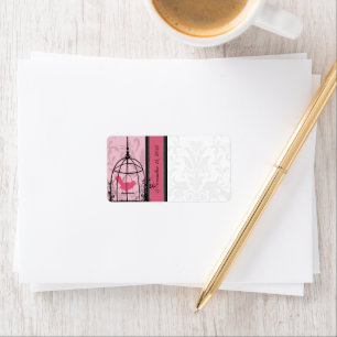 Vintage Cage Pink Bird & Black Damask Dots Label