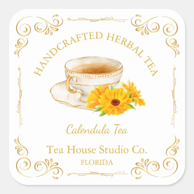Vintage Calendula Tea Square Label (Front)