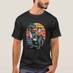 Vintage Calico Cat Reading Book Riding T Rex Dinos T-Shirt