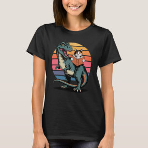 Vintage Calico Cat Reading Book Riding T Rex Dinos T-Shirt