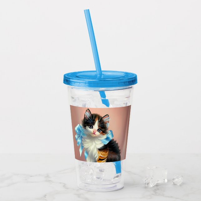 Vintage Calico Kitten Illustration Acrylic Tumbler (Front Ice)