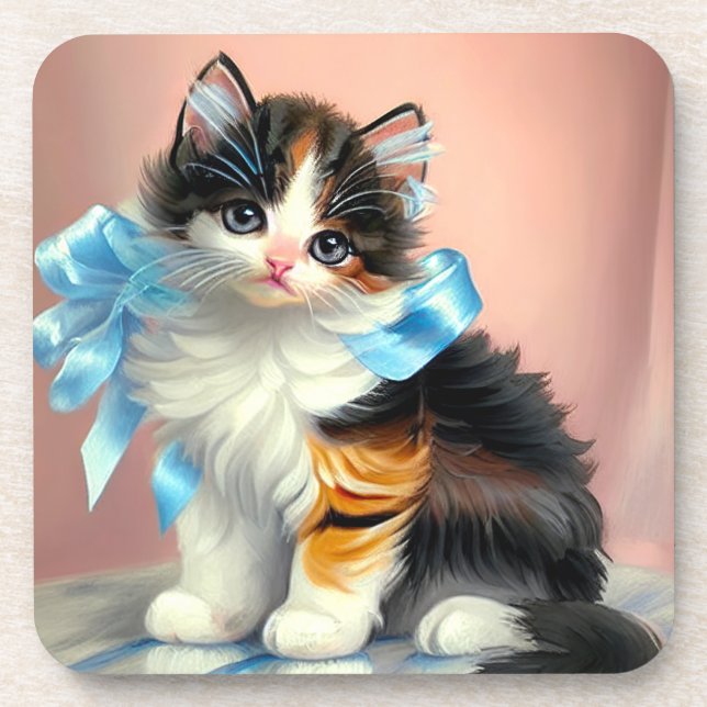 Vintage Calico Kitten Illustration Coaster (Front)