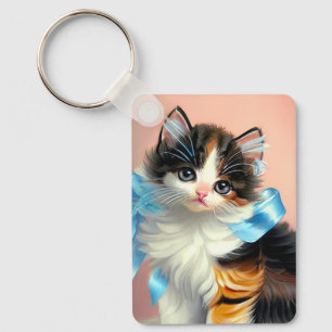 Vintage Calico Kitten Illustration Key Ring