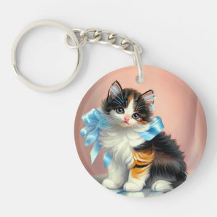 Vintage Calico Kitten Illustration Key Ring