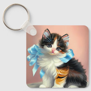 Vintage Calico Kitten Illustration Key Ring
