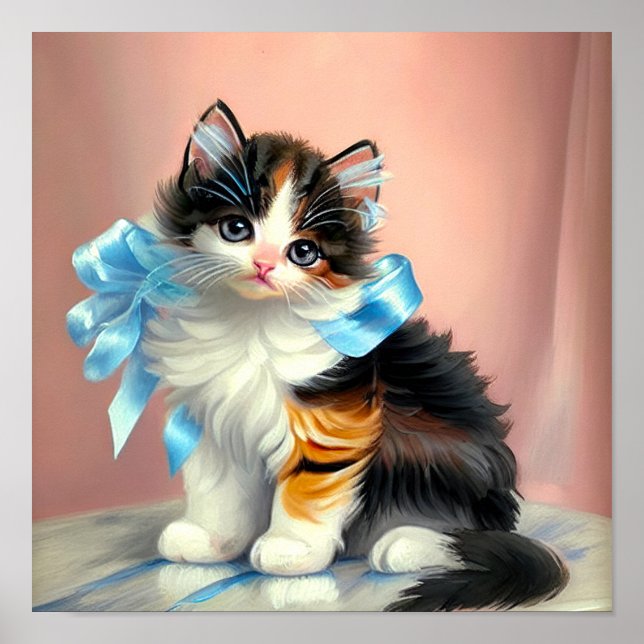 Vintage Calico Kitten Illustration Poster (Front)