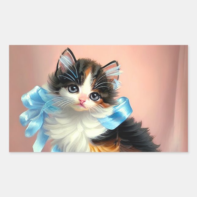Vintage Calico Kitten Illustration Rectangular Sticker (Front)