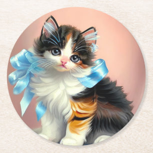 Vintage Calico Kitten Illustration Round Paper Coaster