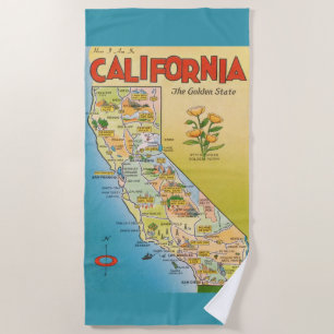 Vintage California Map Beach Towel