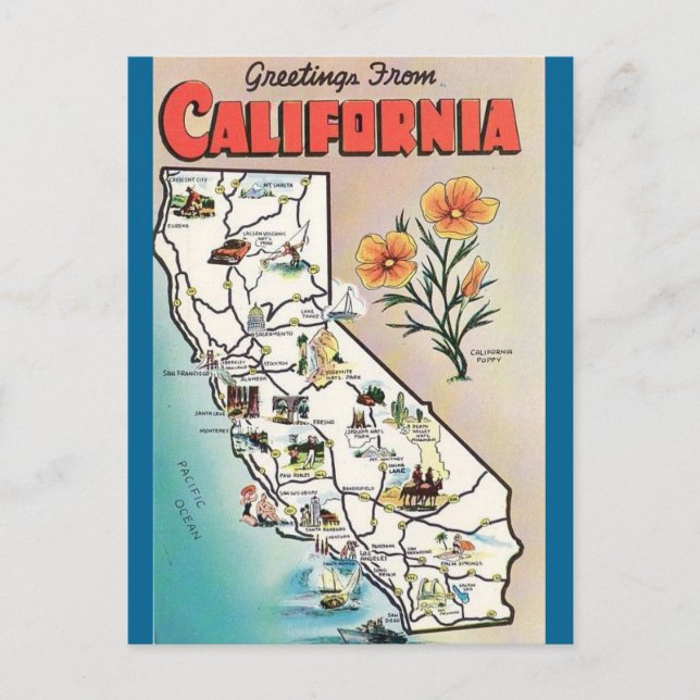 Vintage California Map USA Tourism Postcard (Front)