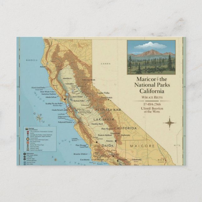 Vintage California National Parks Map Art Postcard (Front)