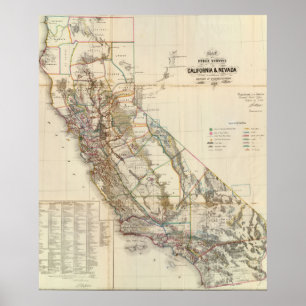 Vintage California & Nevada Historic Map USA Poster