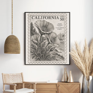 Vintage California Poppy State Flower Postage Stam Poster