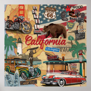 Vintage California poster with tourist attractions