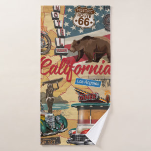 Vintage California poster with tourist attractions Bath Towel