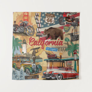 Vintage California poster with tourist attractions Tapestry