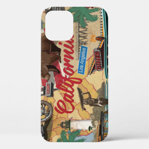 Vintage California: tourist attractions map. iPhone 12 Case