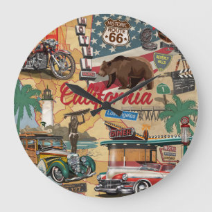 Vintage California: tourist attractions map. Large Clock