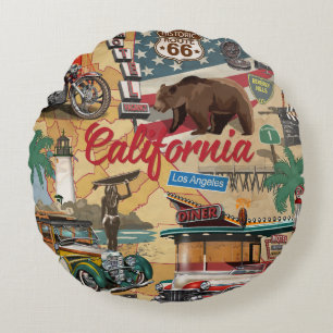 Vintage California: tourist attractions map. Round Cushion