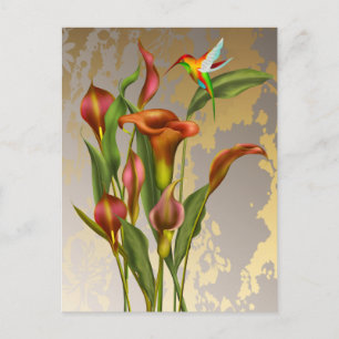Vintage Calla Lilies and Hummingbird Postcard