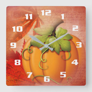 Vintage Calligraphy Autumn leaves and Pumpkin Square Wall Clock